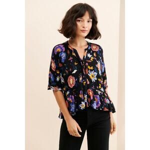 Floral Peplum V-Neck Blouse - Black
